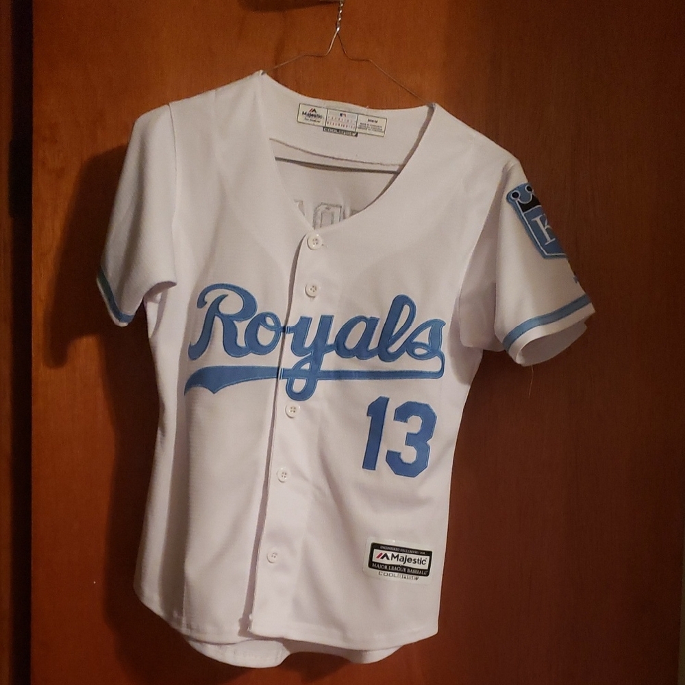 Majestic White and Blue Royals Button-Up Jersey